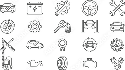 Car repair and automotive service line icons set, mechanic tools, engine maintenance, steering wheel, vector garage symbols for design