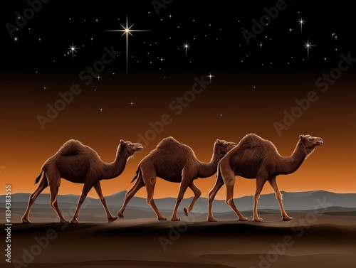 Camel silhouettes walking across a desert landscape at dusk, with a starry sky and warm orange hues, representing a serene and tranquil moment of epiphany