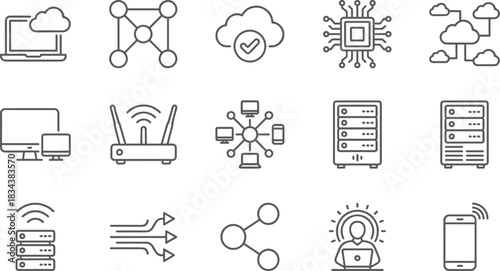 Cloud computing icons, network connection, server rack, wireless internet, data center, hosting, and technology line vector symbols.