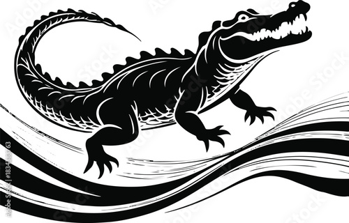 Abstract crocodile silhouette formed by a flowing wave-like line, blending reptile shape with natural fluid motion 3.