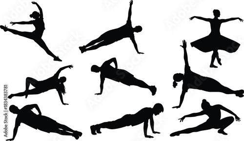 Energetic Rock Guitarists and Singer Silhouettes Vector Set, Illustrating Musicians Jumping, Playing Electric Guitars, and Singing, Emphasizing Live Concerts, Music Performance, Excitement, and Youth 