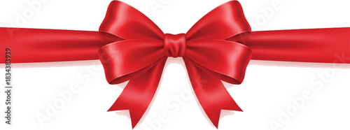 Realistic red bow and ribbon with shadow on white background vector illustration. Red satin gift bow for Christmas and valentines. Red bow vector design material.