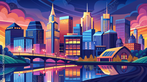 Very beautiful Nashville skyline glowing at dusk with vibrant lights reflecting along the river, blending modern architecture with a serene evening atmosphere for a striking city panorama.
