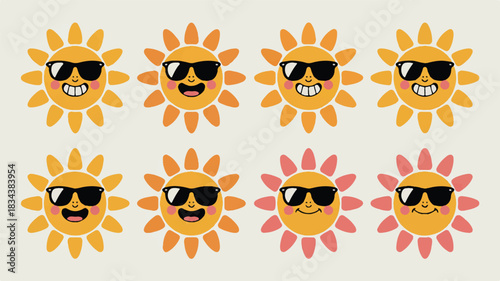A set of 8 cartoon sun characters arranged in two rows against a white background 