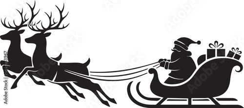 Silhouette of Santa Claus riding in a sleigh pulled by two reindeer, carrying gifts.