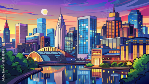 Very beautiful Nashville skyline glowing at dusk with vibrant lights reflecting along the river, blending modern architecture with a serene evening atmosphere for a striking city panorama.
