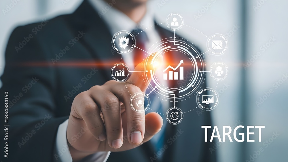 Obraz premium Businessman touching a digital target with business icons and futuristic interface technology