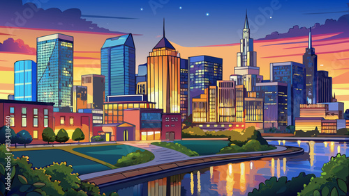 Very beautiful Nashville skyline glowing at dusk with vibrant lights reflecting along the river, blending modern architecture with a serene evening atmosphere for a striking city panorama.
