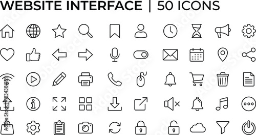 Modern website interface icon collection featuring essential UI elements for navigation, communication, media, settings, and interactive web or app design projects.
