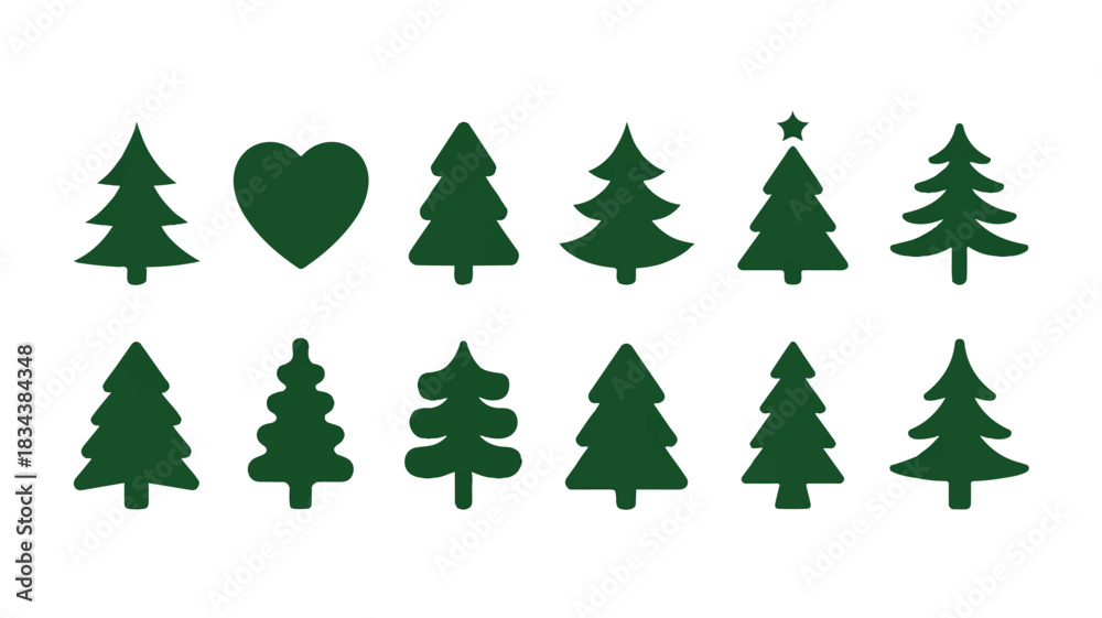 Obraz premium A set of 12 minimalist Christmas tree silhouettes arranged in two rows against a white background. 