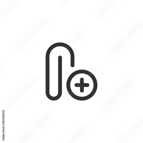 Paperclip with plus sign, linear icon. Add attachment or new file. Line with editable stroke.