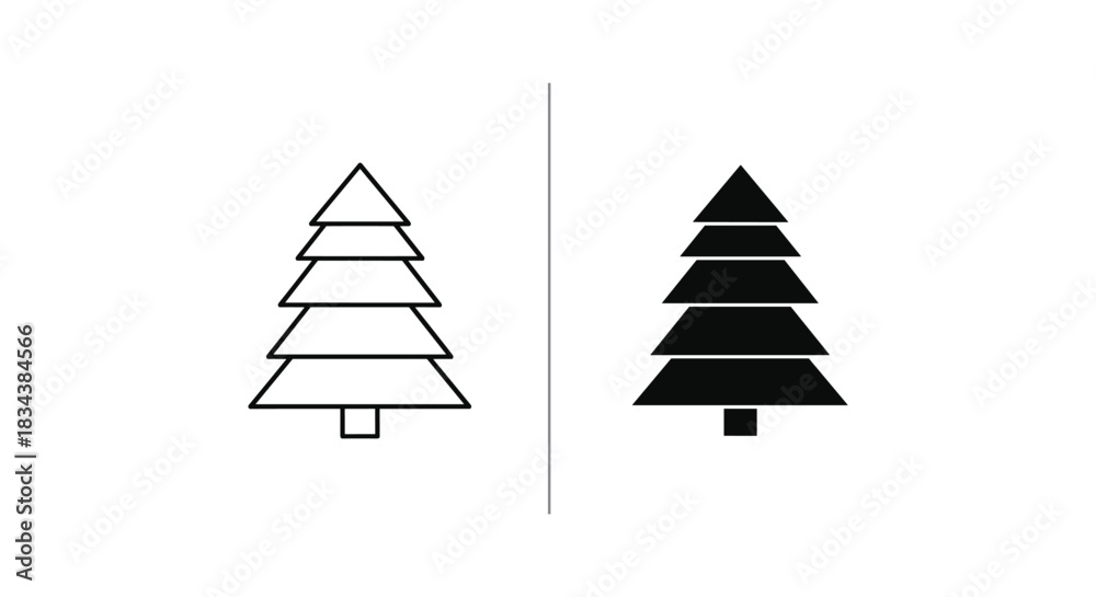 Obraz premium Minimalist Christmas Tree Icons: Black Outline and Solid Filled Styles
