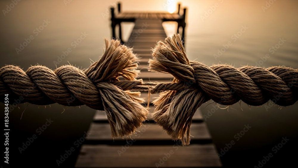 Fototapeta premium Broken rope symbolizes challenges ahead on the journey to success with a bridge over tranquil water toward the sunset, offering hope and resilience