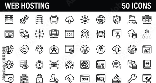 A detailed collection of modern web hosting line icons illustrating servers, cloud computing, cybersecurity, networking, data management, and performance tools ideal for digital services
