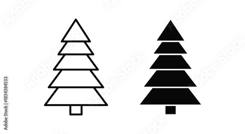 Simple Christmas Tree Icons: Outline and Filled Black and White Design