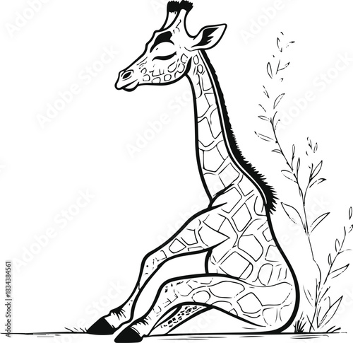 Elegant linear drawing of a giraffe sitting calmly, crafted with flowing curves and a relaxed minimal shape