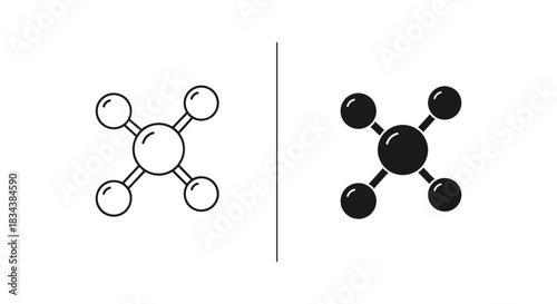 Molecular Structure Icon Set: Outline and Filled Versions of a Central Atom with Four Bonded Atoms