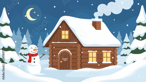 snowman standing beside a warm wooden cabin glowing with festive lights, surrounded by deep snow and peaceful winter scenery perfect for Christmas 2026 themes