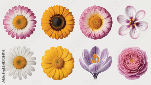 A set of eight colorful flowers arranged in two rows against a white background.  