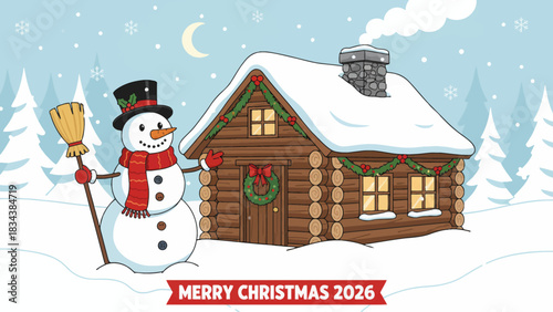 snowman standing beside a warm wooden cabin glowing with festive lights, surrounded by deep snow and peaceful winter scenery perfect for Christmas 2026 themes