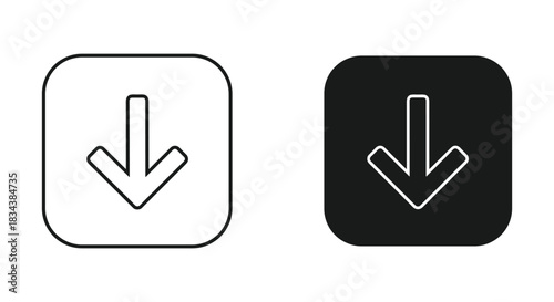 Download Down Arrow Icons Set: Outline on White and White on Black Rounded Squares