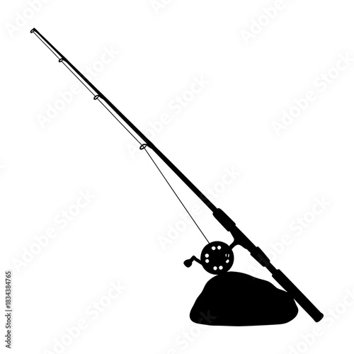 Fishing rod with reel silhouette propped on a rock, isolated graphic art isolated on transparent background