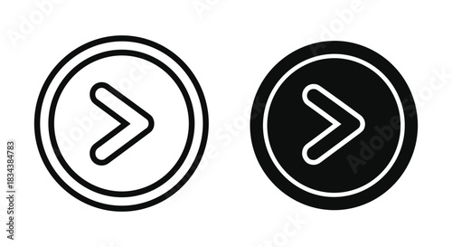 Next / Forward Play Arrow Icons in Circles, Black and White Outline and Solid UI Elements