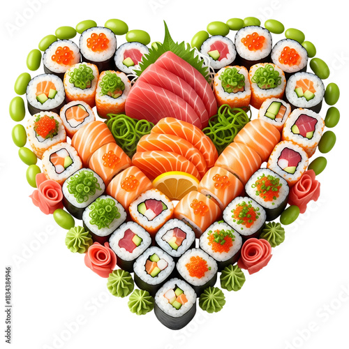 Creative Heart-Shaped Assortment of Fresh Sushi and Sashimi, Featuring Salmon, Tuna, Maki Rolls, and Edamame, Perfect for a Romantic Meal