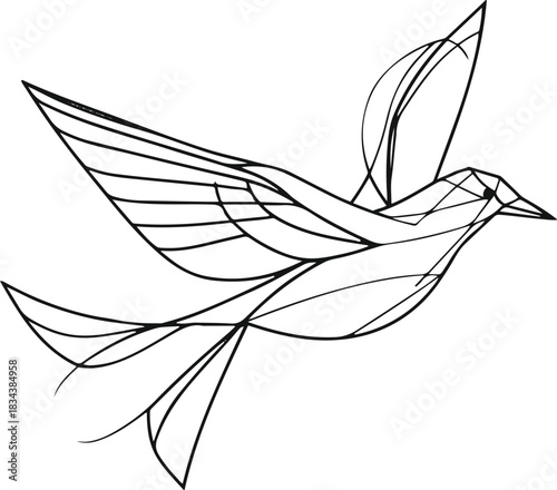 Minimal line art of a flying bird formed from flowing geometric arcs, emphasizing quiet balance and motion