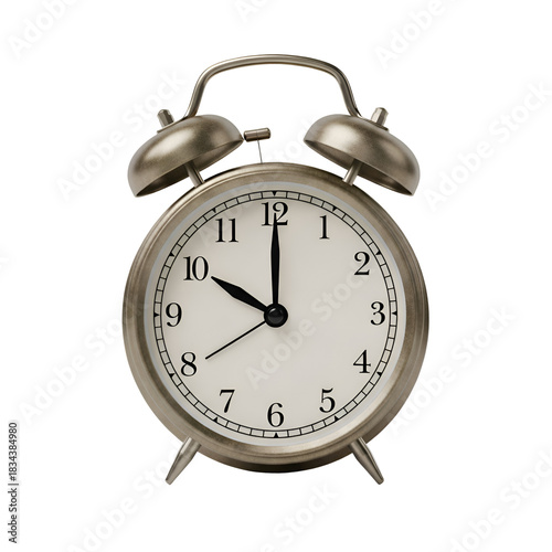 Classic silver alarm clock with white face and black numbers.