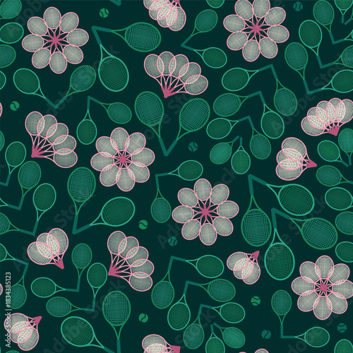 Dark Green Tennis Blossom background pattern print. Funny and quirky. Perfect for fabric, wallpaper, scrapbooking and stationery. Surface pattern design