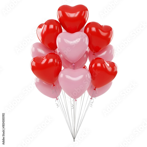 Vibrant 3D Render of a Cluster of Glossy Red and Soft Pink Heart-Shaped Balloons, Symbolizing Romance, Celebration, and Love
