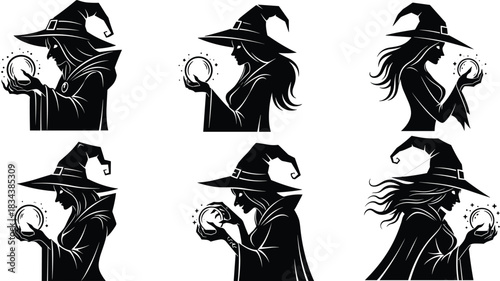 Beautiful and evil witch with magical crystal ball silhouette vector set.