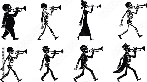Black and white skeletons and one fat man playing trumpets in parade.