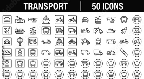 Collection of modern transport line icons featuring vehicles, public transit, aviation, marine, and mobility symbols for travel, navigation, and infographic design.