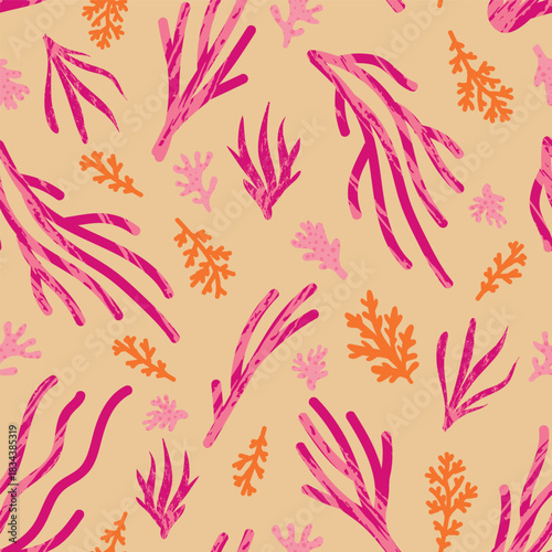 Pink Sea Creatures on Sand background pattern print. Ideal for original decorations. Perfect for fabric, wallpaper, wrapping, scrapbooking and stationery. Surface pattern design.
