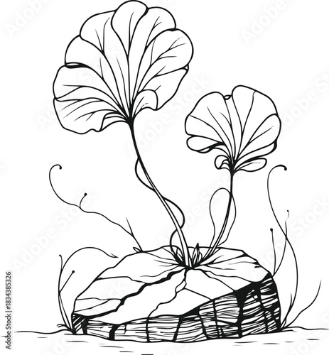 Minimal line art of a rare plant sprouting from a cracked stone, drawn with delicate curves and open negative space