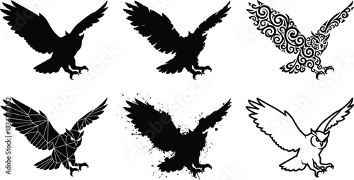 Black Owl Silhouettes Flying Collection, Different Art Styles, Mystical Vector Design Set