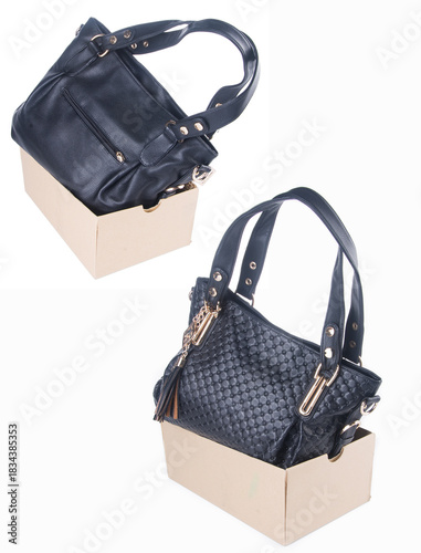 A woven-pattern handbag with chain-and-leather straps shown from two angles.