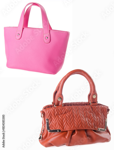A woven-pattern handbag with chain-and-leather straps shown from two angles.