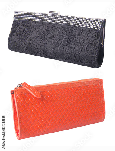 A woven-pattern handbag with chain-and-leather straps shown from two angles.