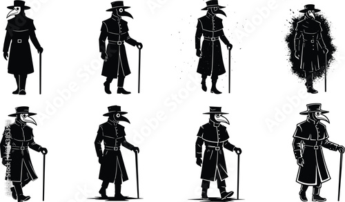 Black silhouette collection of plague doctor characters for Halloween horror design