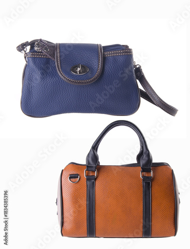 A woven-pattern handbag with chain-and-leather straps shown from two angles.