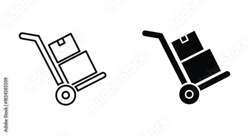 Hand truck with boxes icon set: outline and glyph for delivery, moving, and logistics services