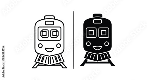 Smiling Cartoon Train Icons - Outline and Solid Glyphs
