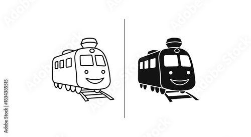 Happy Cartoon Train Icons: Black Outline and Solid Silhouette on Tracks