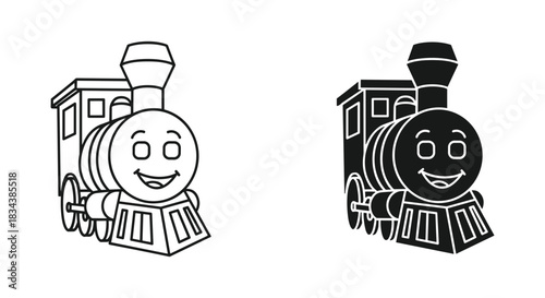 Happy Cartoon Train Engine Outline and Silhouette Vector Icons