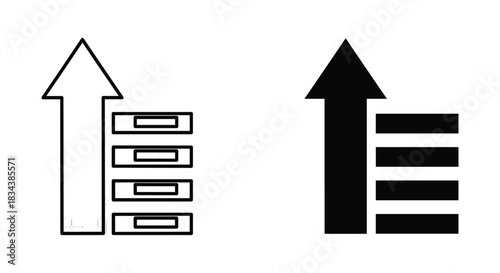 Sort Ascending List Icon with Upward Arrow and Stacked Bars (Outline and Filled Versions)