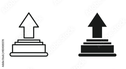 Upward Arrow on Tiered Base Icons - Upload, Progress, Top Rank Symbol Set in Outline and Solid Styles