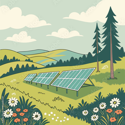 Solar panels installed in a beautiful green meadow with rolling hills and trees under a cloudy sky